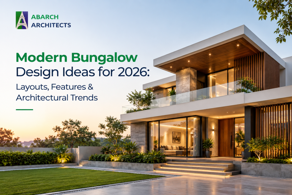 Modern bungalow at dusk with wooden louvred facade, glass balcony, illuminated landscaping and covered entrance