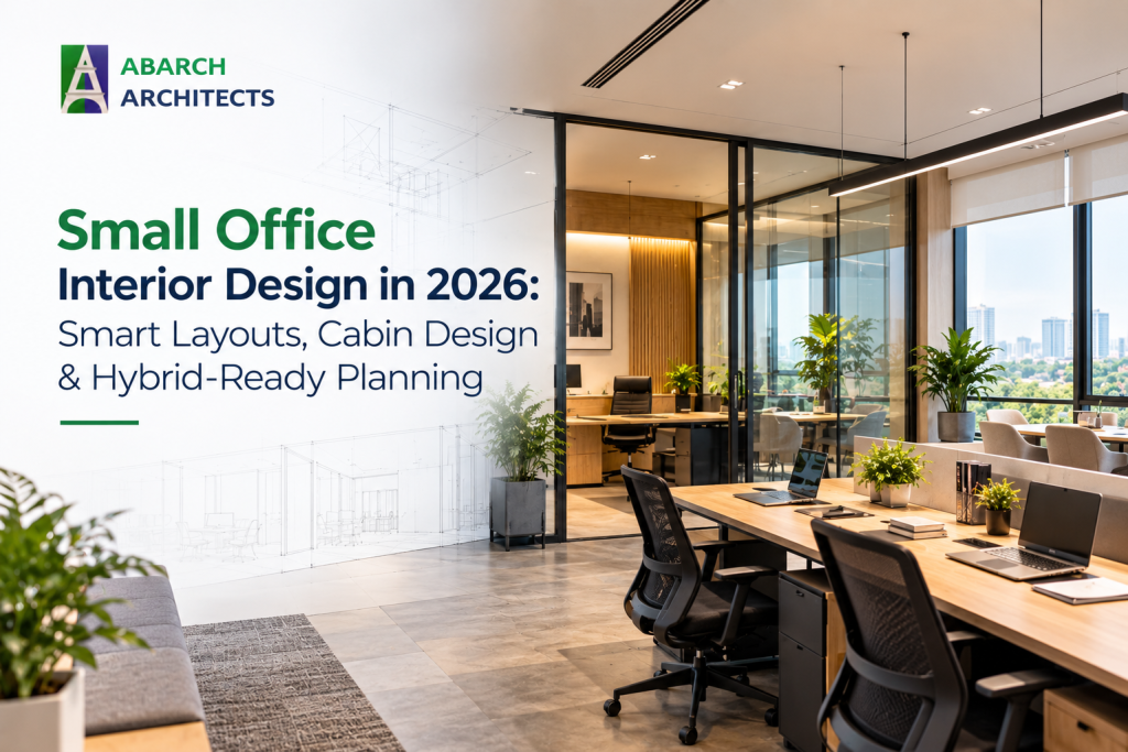 Small office interior design with a glass-fronted cabin, timber panelling and open workstations beside city-view windows