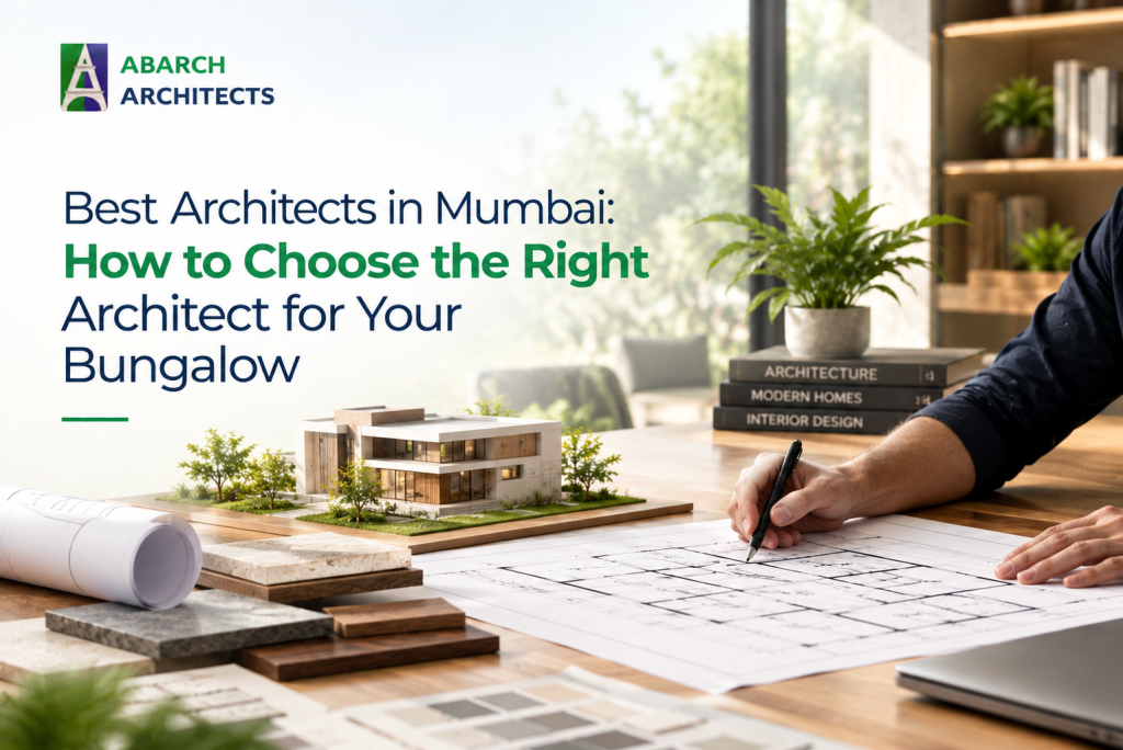 Architect sketching a bungalow floor plan beside a 3D model, material samples and blueprints at ABARCH Architects